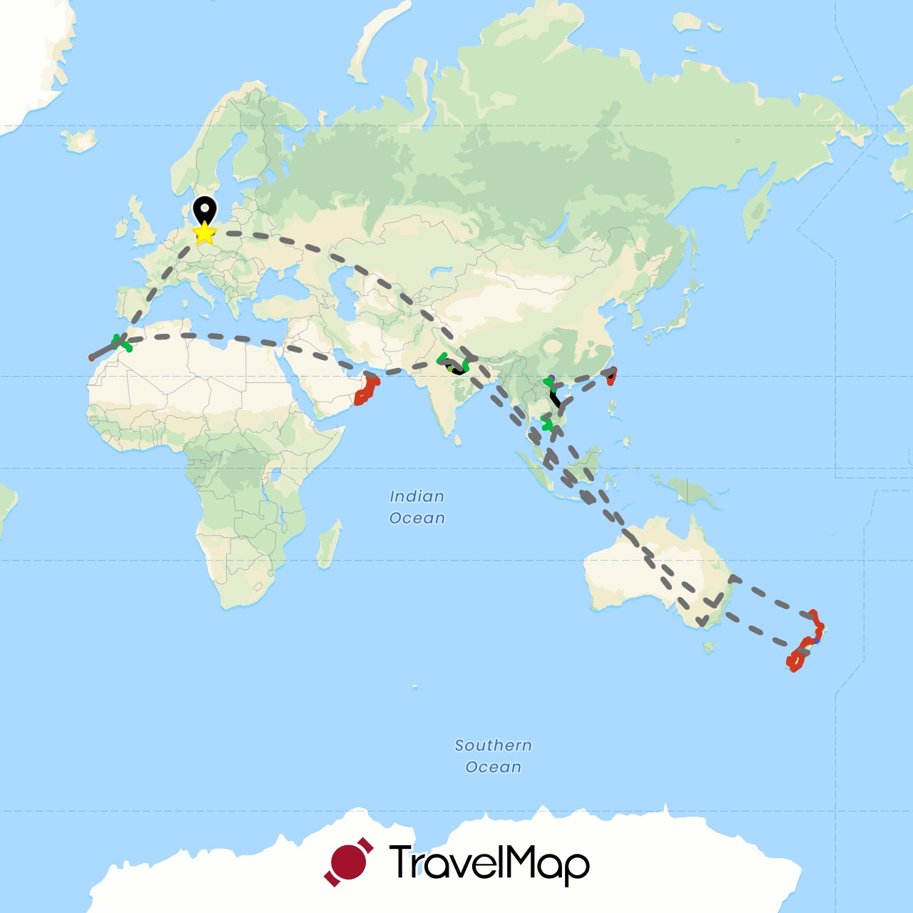 TravelMap itinerary: driving, bus, taxi, fähre, mietauto, flug, zug, boot, wandern, motorrad, reiten in Australia, Germany, Spain, Indonesia, India, Cambodia, Morocco, Nepal, New Zealand, Oman, Singapore, Taiwan, Vietnam (Africa, Asia, Europe, Oceania)